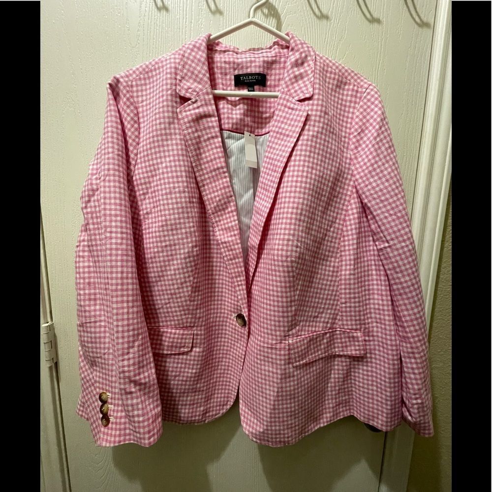Talbots |‎ Gingham Plaid Blazer Pink White Button Down Long Sleeve